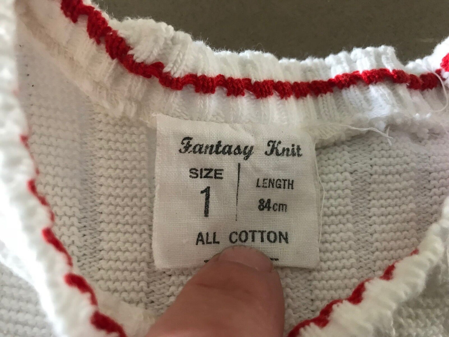 Vintage Baby 1970s FANTASY KNIT Top Vest White Red Trim Cotton Short Sleeve Sz 1