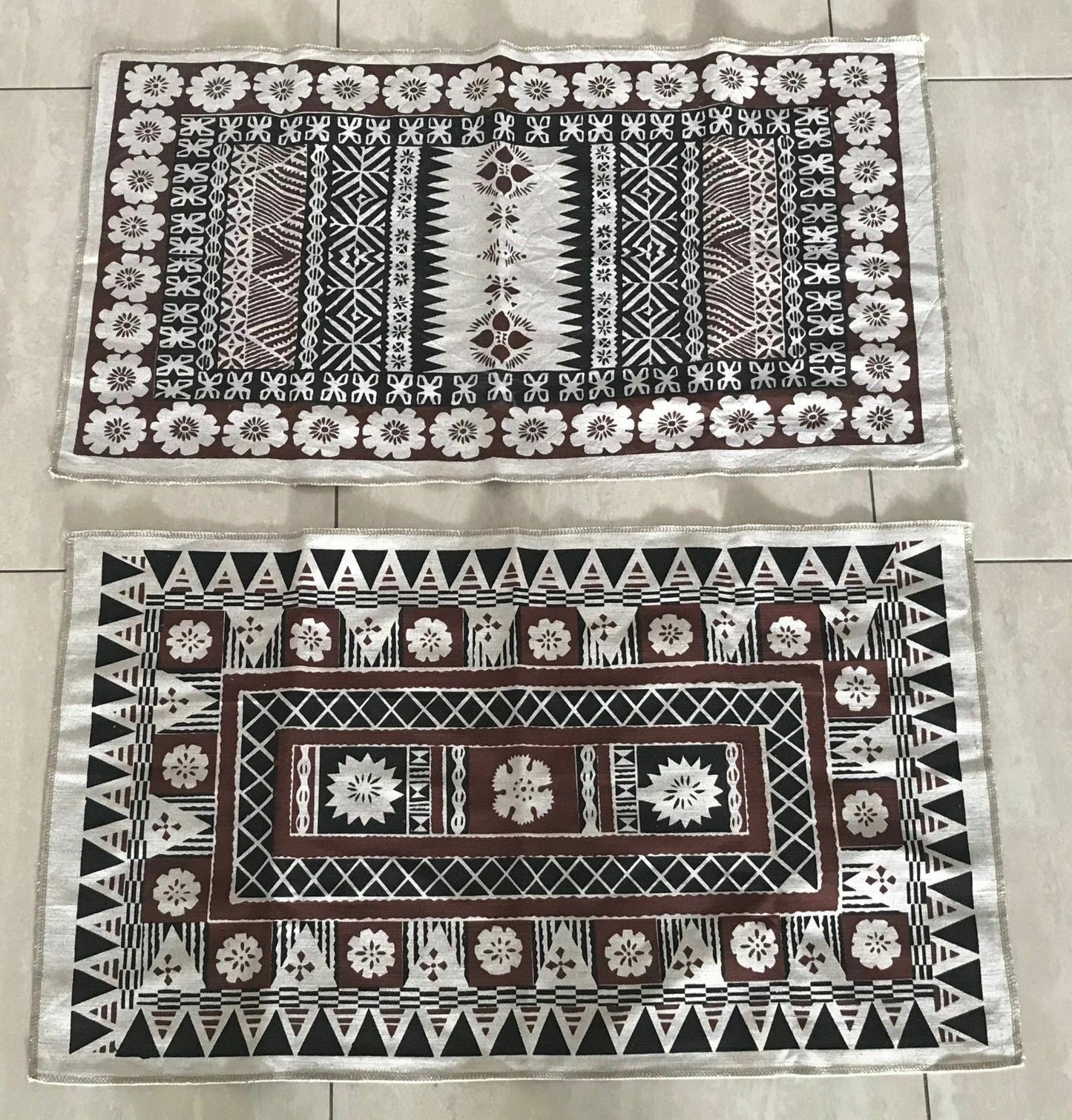 New Vintage Tea Towel Pure Linen TRIBAL FIJI Beige Brown & Black Batik Print #1