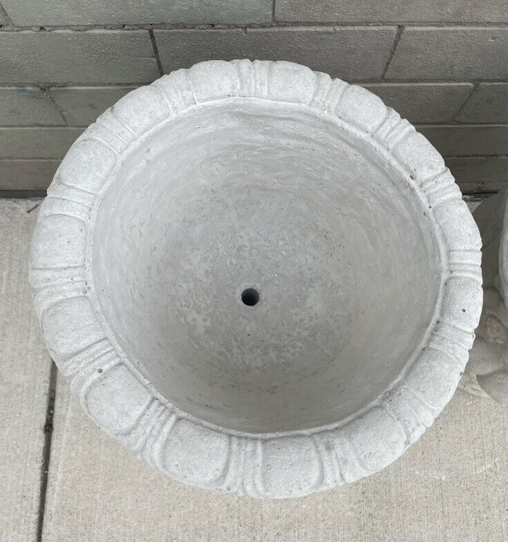 Pair CONCRETE POTS Hand Cast White Ornate Pedestal Urns Planter Garden 43.5cm