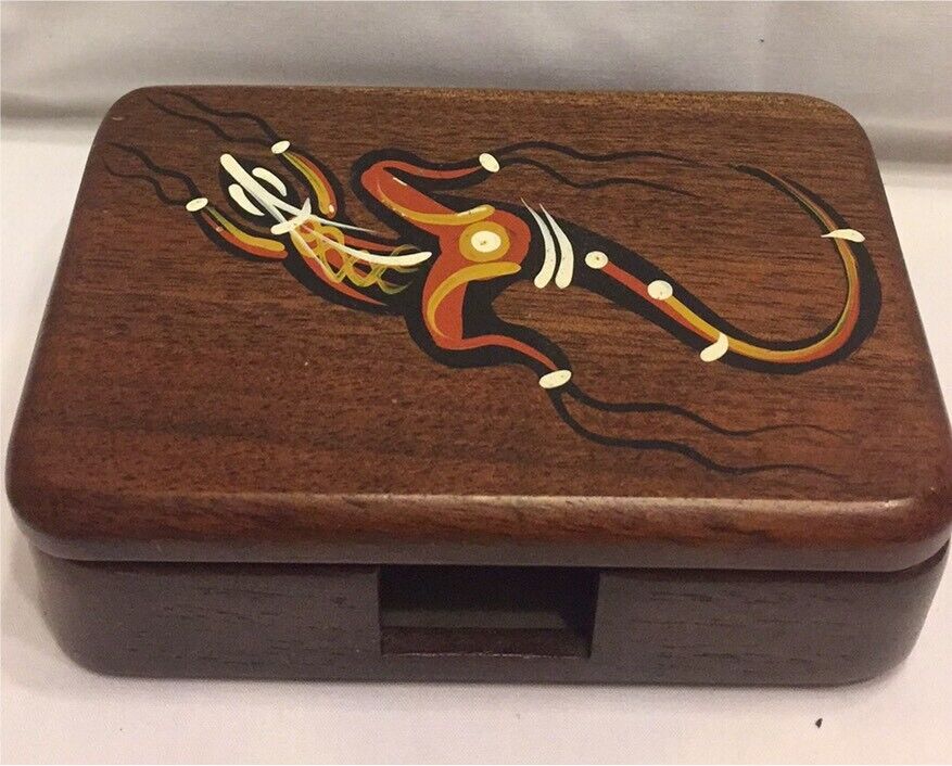 Vintage PLAYING CARD BOX 11cm HANDPAINTED indigenous IGUANA GOANNA hinged lid