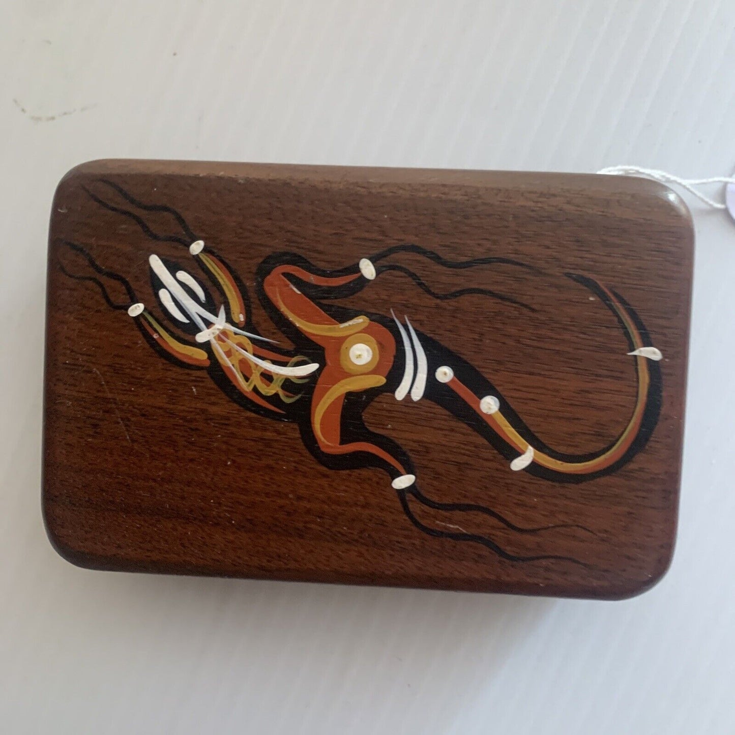 Vintage PLAYING CARD BOX 11cm HANDPAINTED indigenous IGUANA GOANNA hinged lid