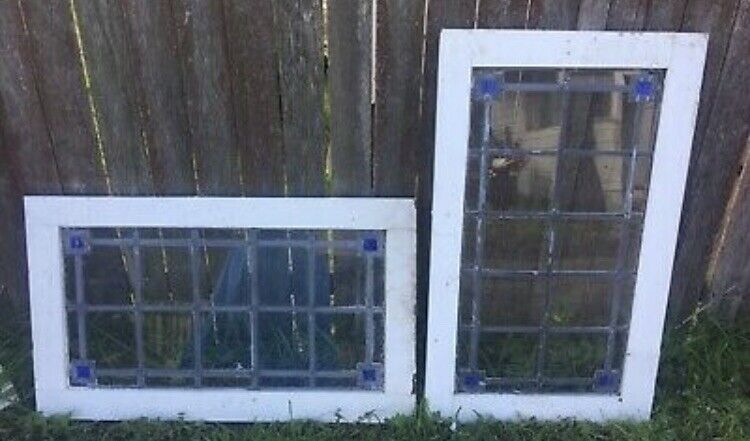 Rustic Leadlight Panels x 2 Vintage Federation in Timber Window Frames British