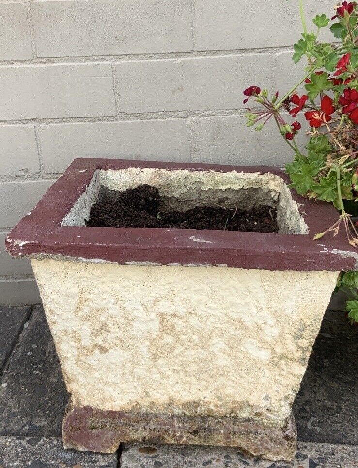Pair CONCRETE POTS Rustic Vintage 28 x 35cm White Red Planter Garden Urn w Feet
