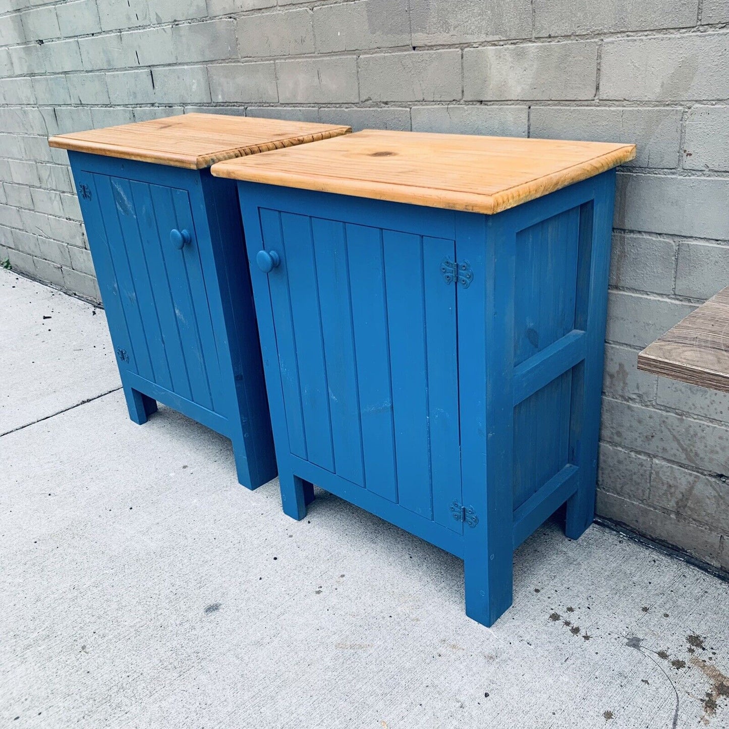 BEDSIDE TABLES Pair Duck Blue Pine Wood Coastal Hampton Country Tongue & groove