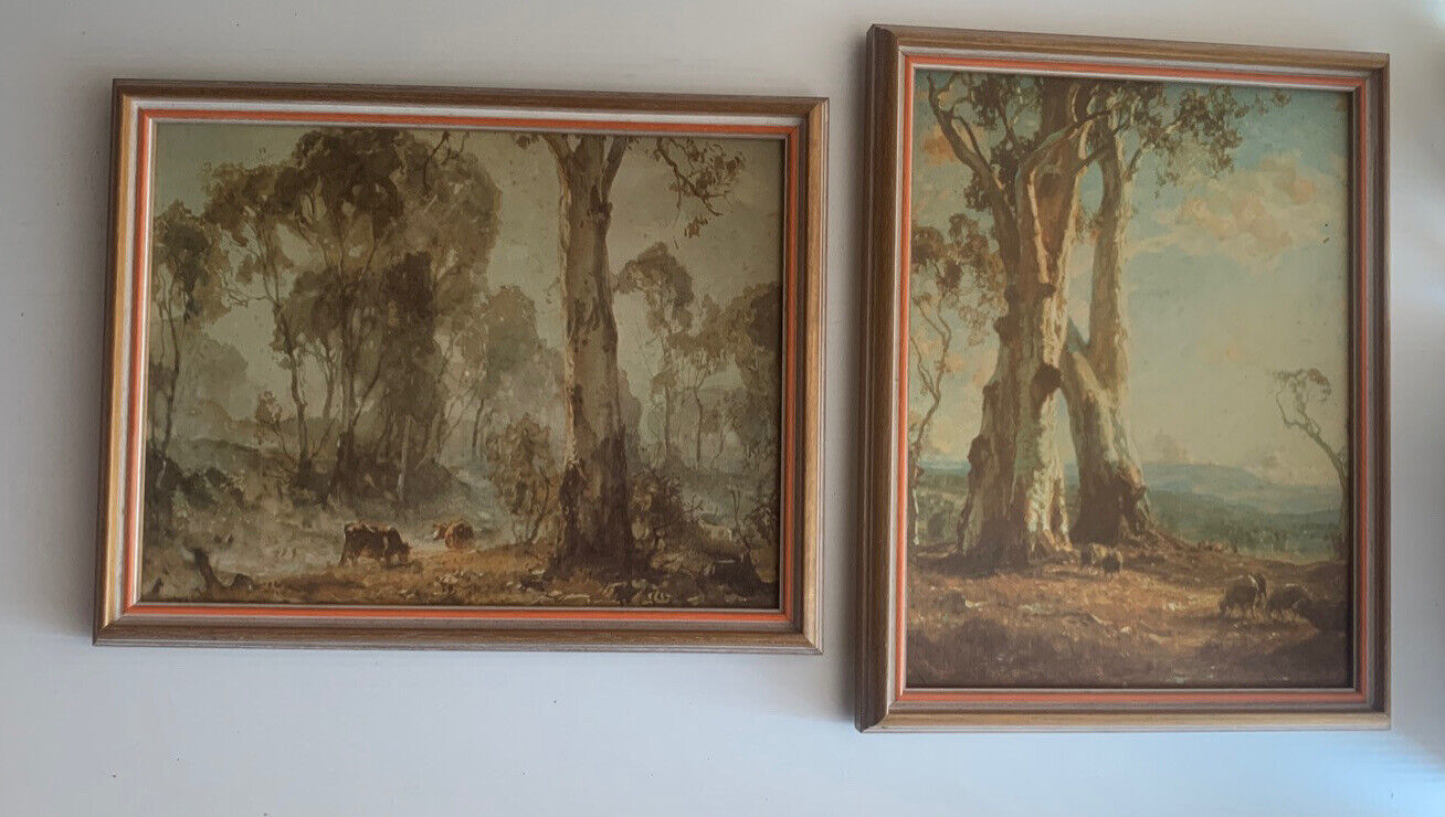 2x Vintage HANS HEYSEN Framed Canvas Prints Morning Mist 1919 Hahndorf Gums 1913