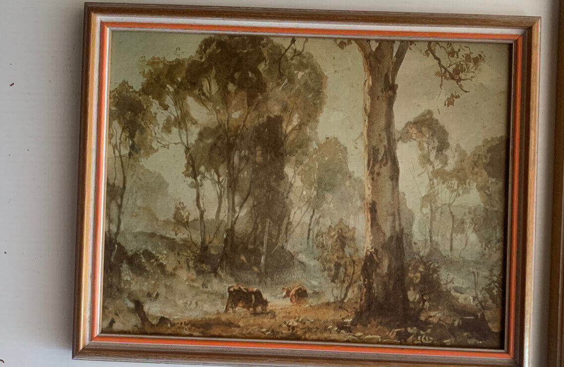 2x Vintage HANS HEYSEN Framed Canvas Prints Morning Mist 1919 Hahndorf Gums 1913