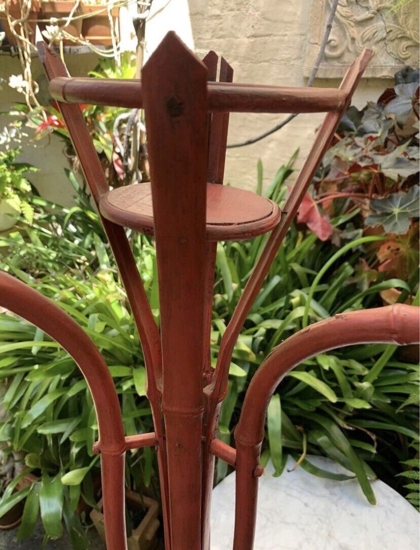 Bamboo Cane Coat Hat Stand Antique 1920s Stand Original Muted Red Paint Vintage