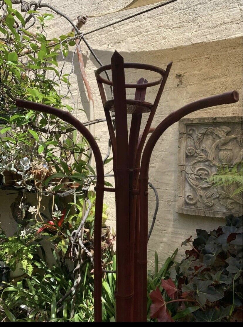 Bamboo Cane Coat Hat Stand Antique 1920s Stand Original Muted Red Paint Vintage