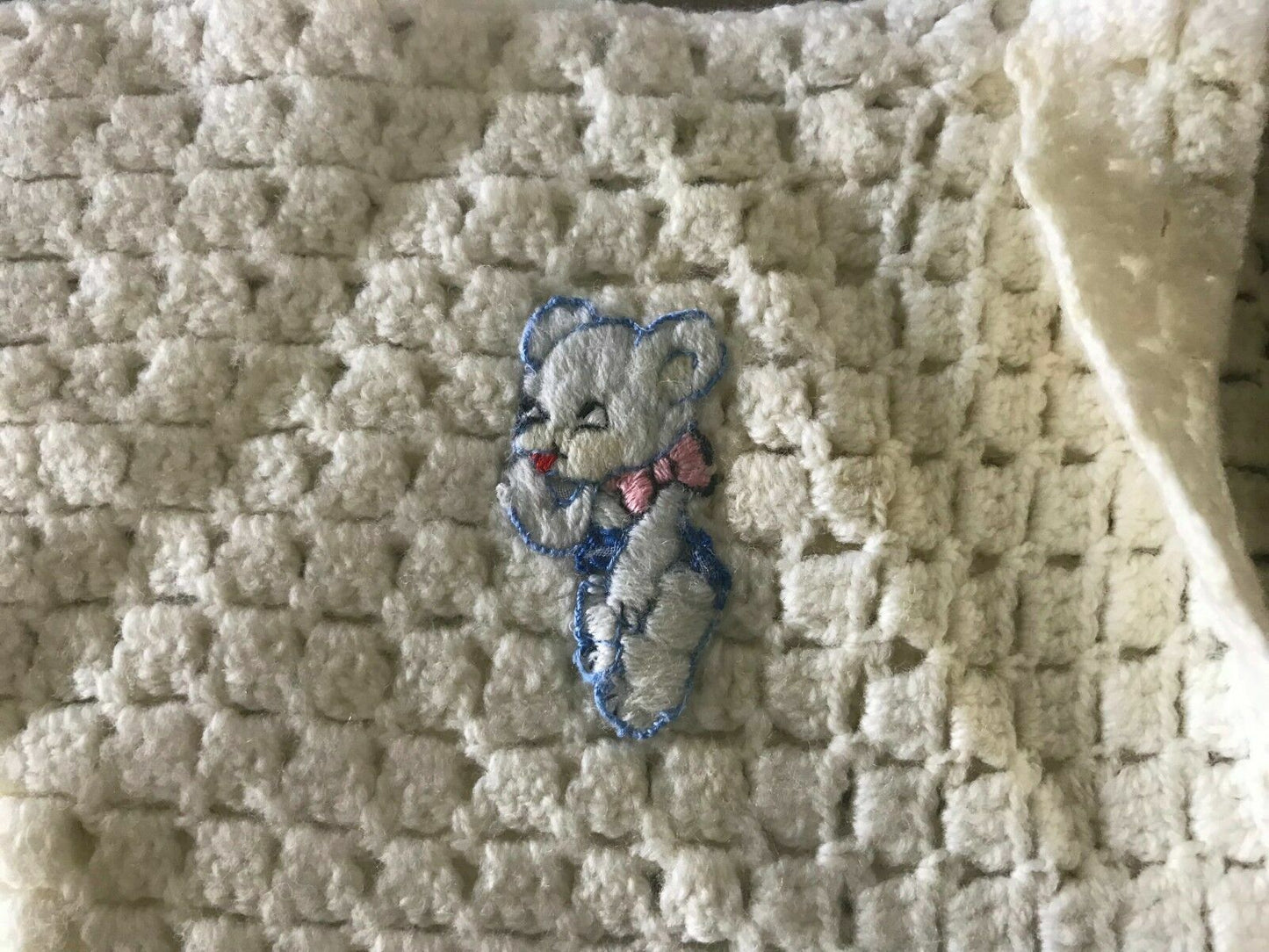 Cardigan w Teddy Bear Motif Vintage 1960's 1970's Hand Made Cream Knit - Newborn