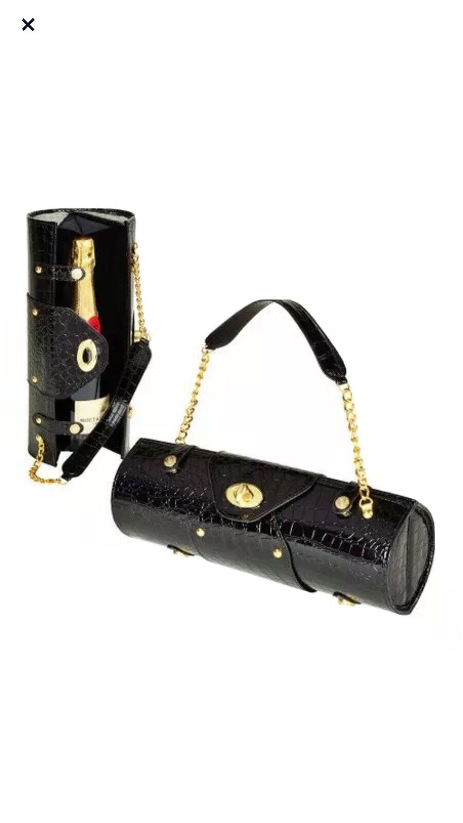 PICNIC AT ASCOT Wine Bottle Carrier Purse Corkscrew Black Pleather HardCase Croc