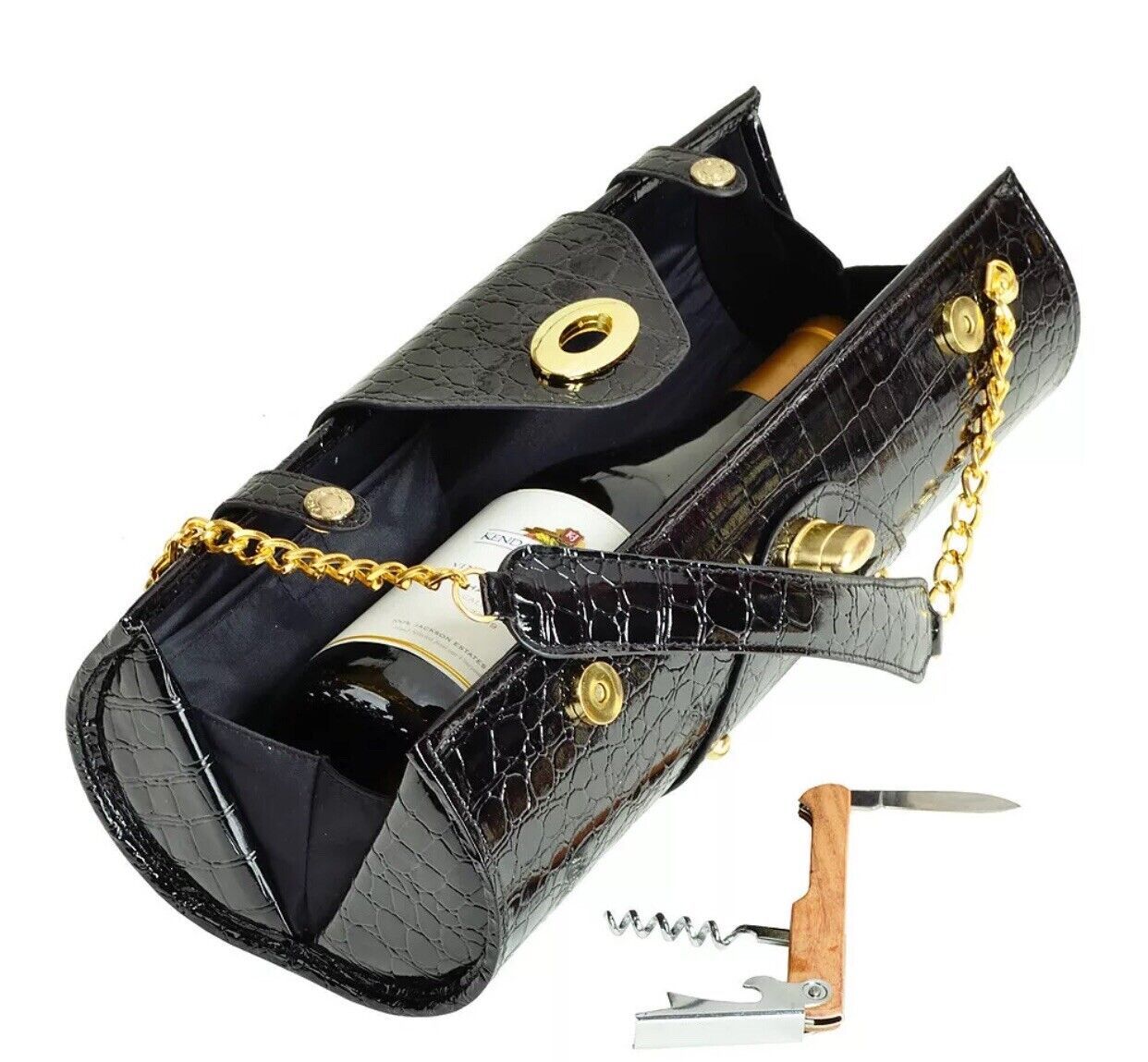 PICNIC AT ASCOT Wine Bottle Carrier Purse Corkscrew Black Pleather HardCase Croc