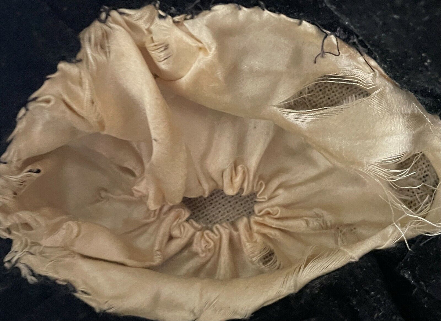 Vintage Ornamental Doll Hat Black Velour Cloche Style Hat w Floral Ribbon Trim
