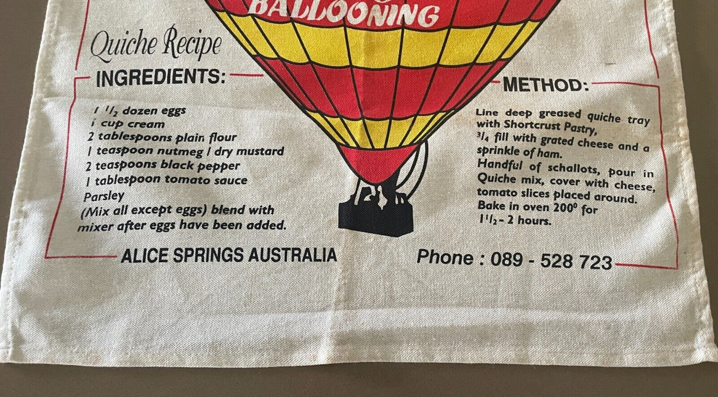 Vintage Tea Towel OUTBACK Ballooning Alice Springs NT + Quiche Recipe Aussie
