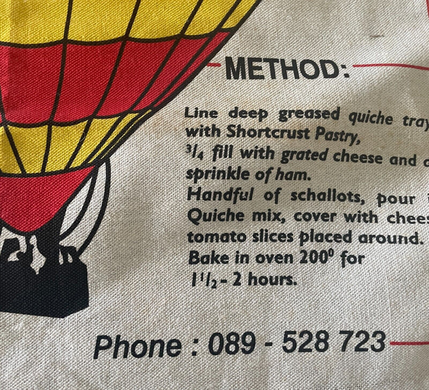 Vintage Tea Towel OUTBACK Ballooning Alice Springs NT + Quiche Recipe Aussie
