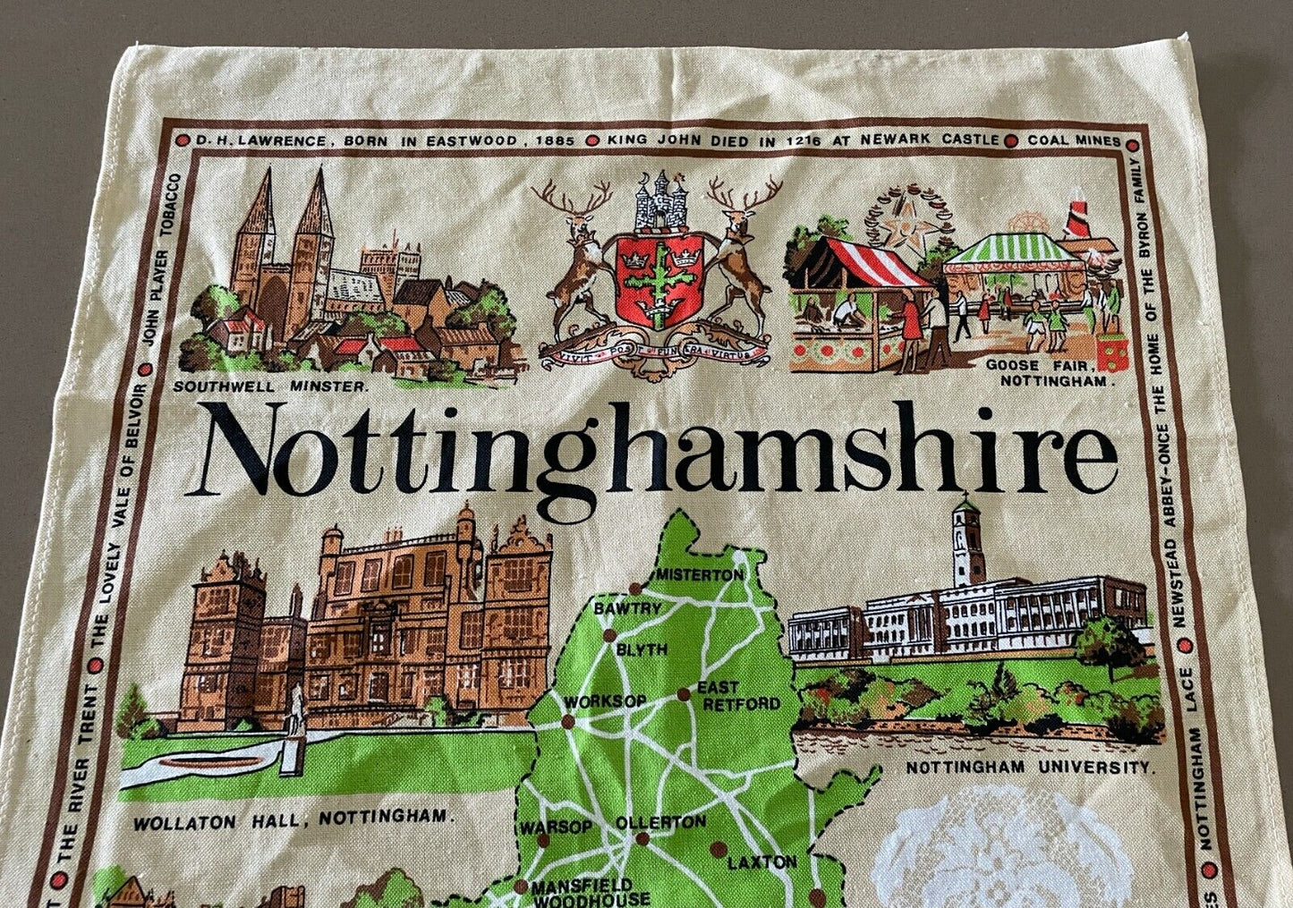 Vintage Tea Towel " Nottinghamshire UK " Print Souvenir Ireland Linen Cotton NEW