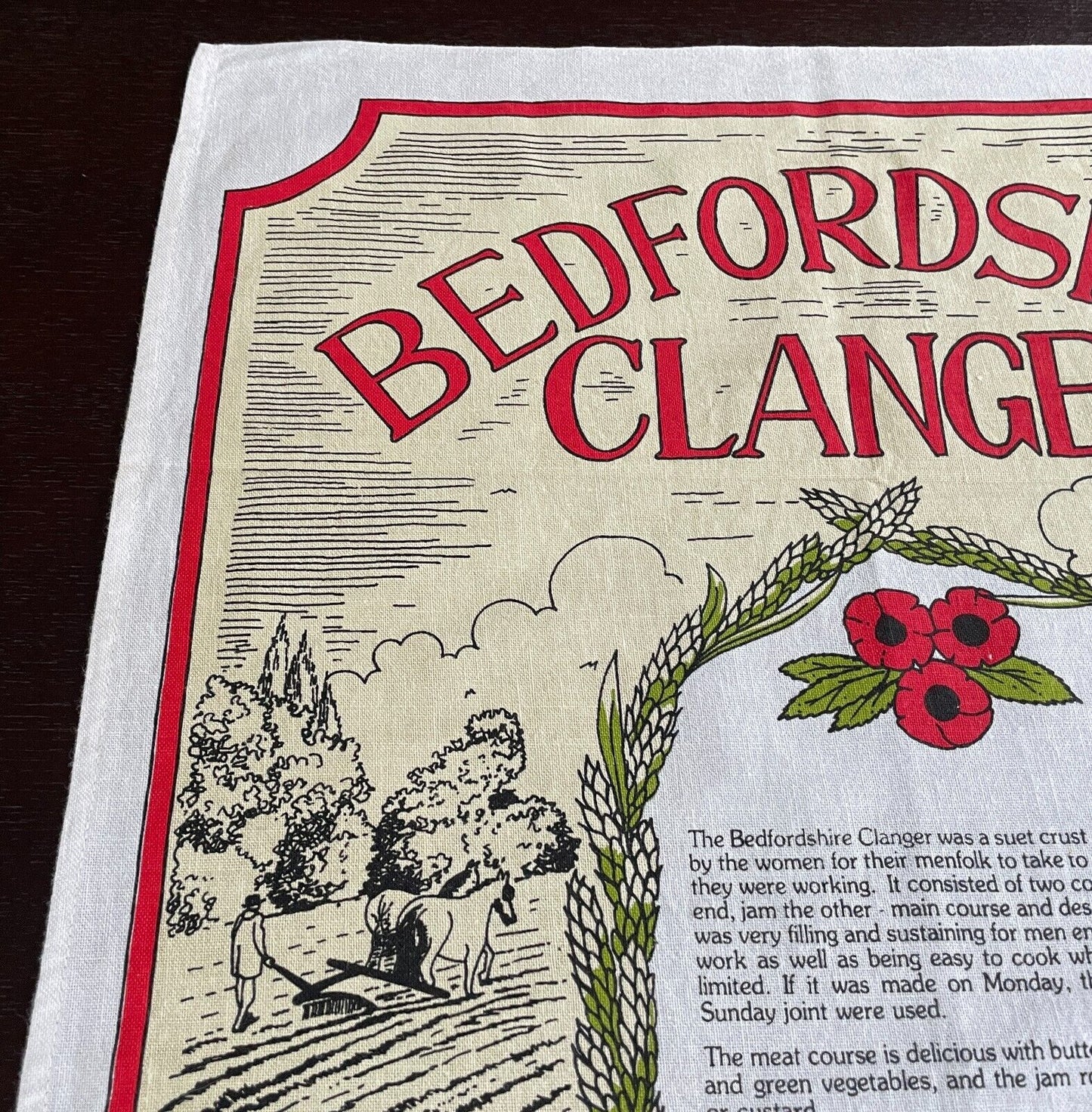 Vintage Cotton Tea Towel "Bedfordshire Clanger Recipe" & Scenery Print Souvenir