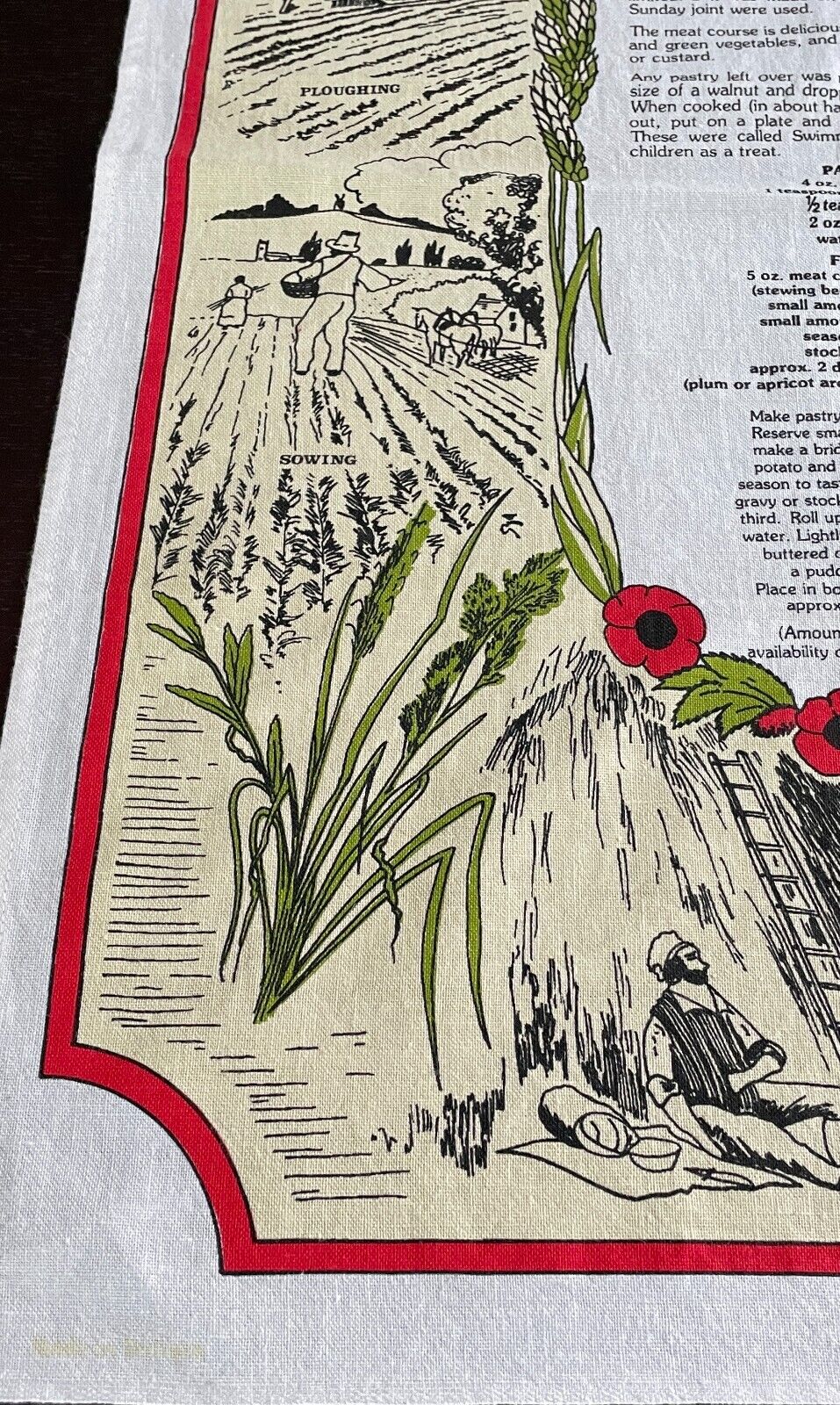 Vintage Cotton Tea Towel "Bedfordshire Clanger Recipe" & Scenery Print Souvenir