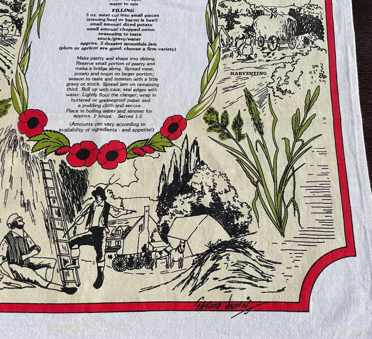 Vintage Cotton Tea Towel "Bedfordshire Clanger Recipe" & Scenery Print Souvenir