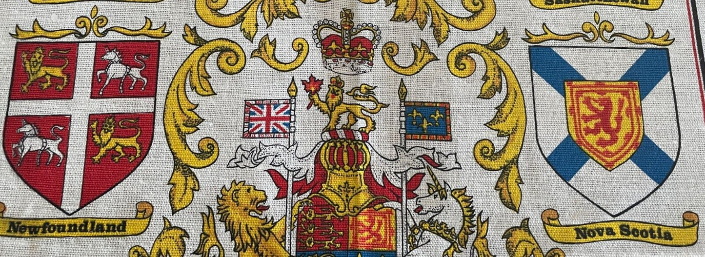 Vintage Tea Towel CANADA Provinces & Territory Crest Print Linen Blend Souvenir