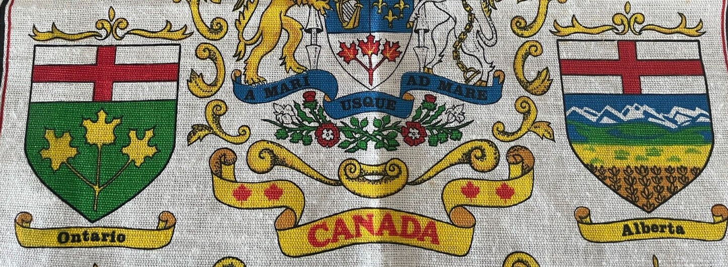 Vintage Tea Towel CANADA Provinces & Territory Crest Print Linen Blend Souvenir