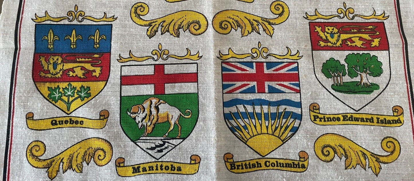 Vintage Tea Towel CANADA Provinces & Territory Crest Print Linen Blend Souvenir