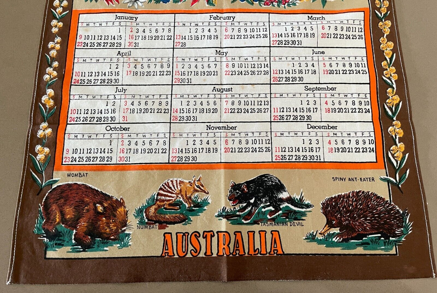 Vintage "1983" Tea Towel Australia Map Australian Animals Wildflower FLORA NEW
