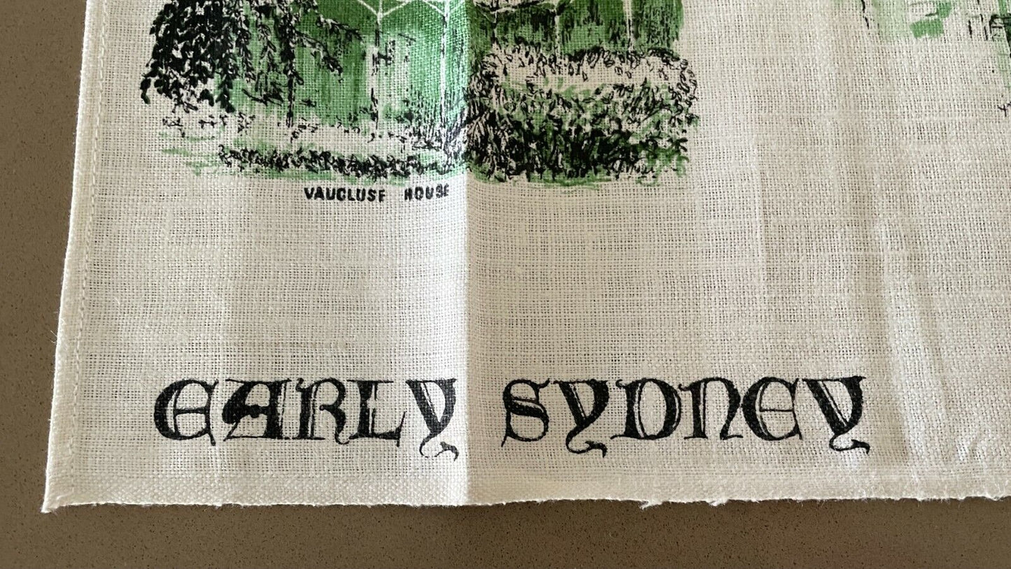 Vintage Linen Tea Towel EARLY SYDNEY Neil White Black Green Linen Souvenir NEW