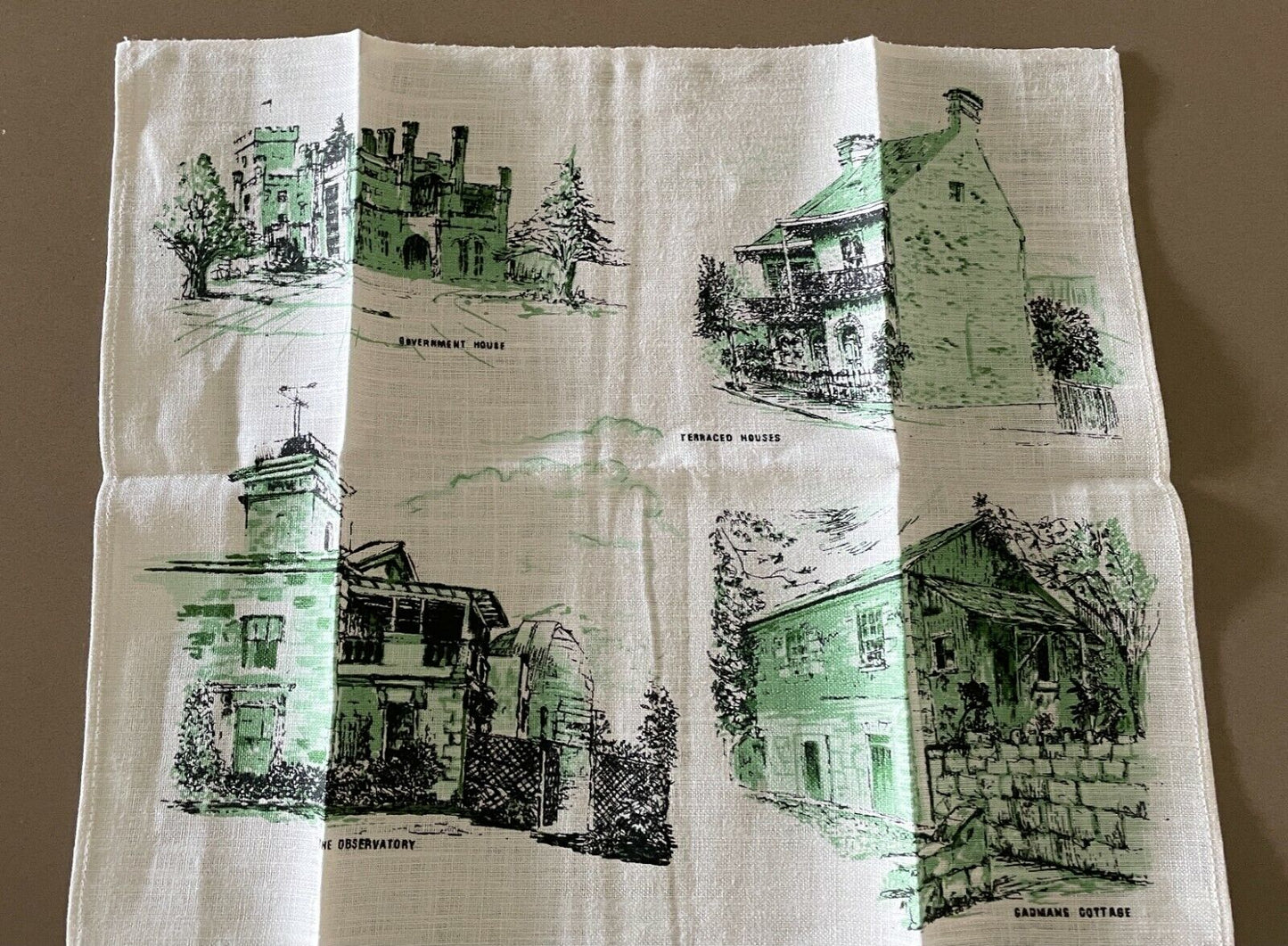 Vintage Linen Tea Towel EARLY SYDNEY Neil White Black Green Linen Souvenir NEW