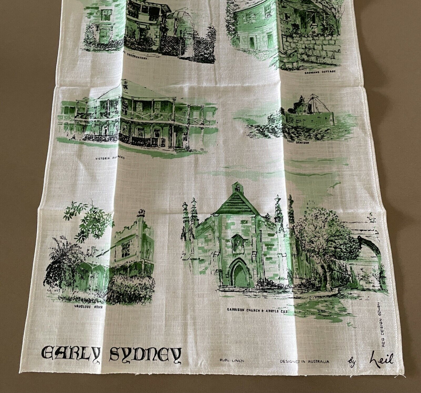 Vintage Linen Tea Towel EARLY SYDNEY Neil White Black Green Linen Souvenir NEW