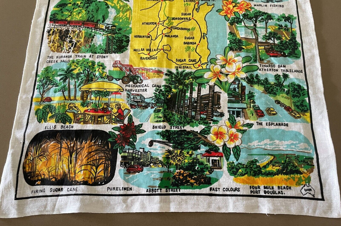 Vintage Tea Towel Cairns Tropic Wonderlands North Queensland Print Souvenir NEW