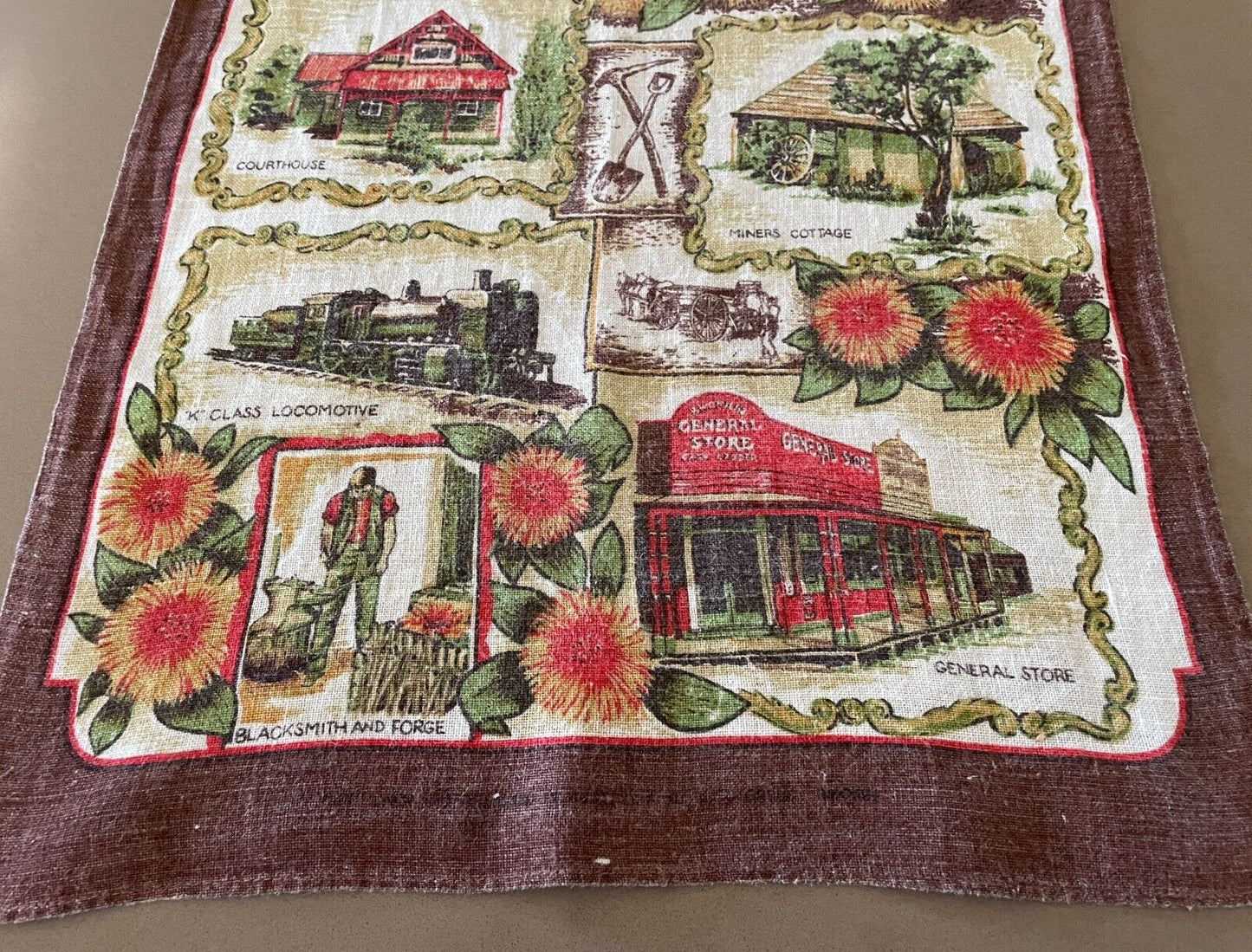 Vintage Tea Towel Coal Creek Historical Park Korumburra VIC Souvenir Nostalgic
