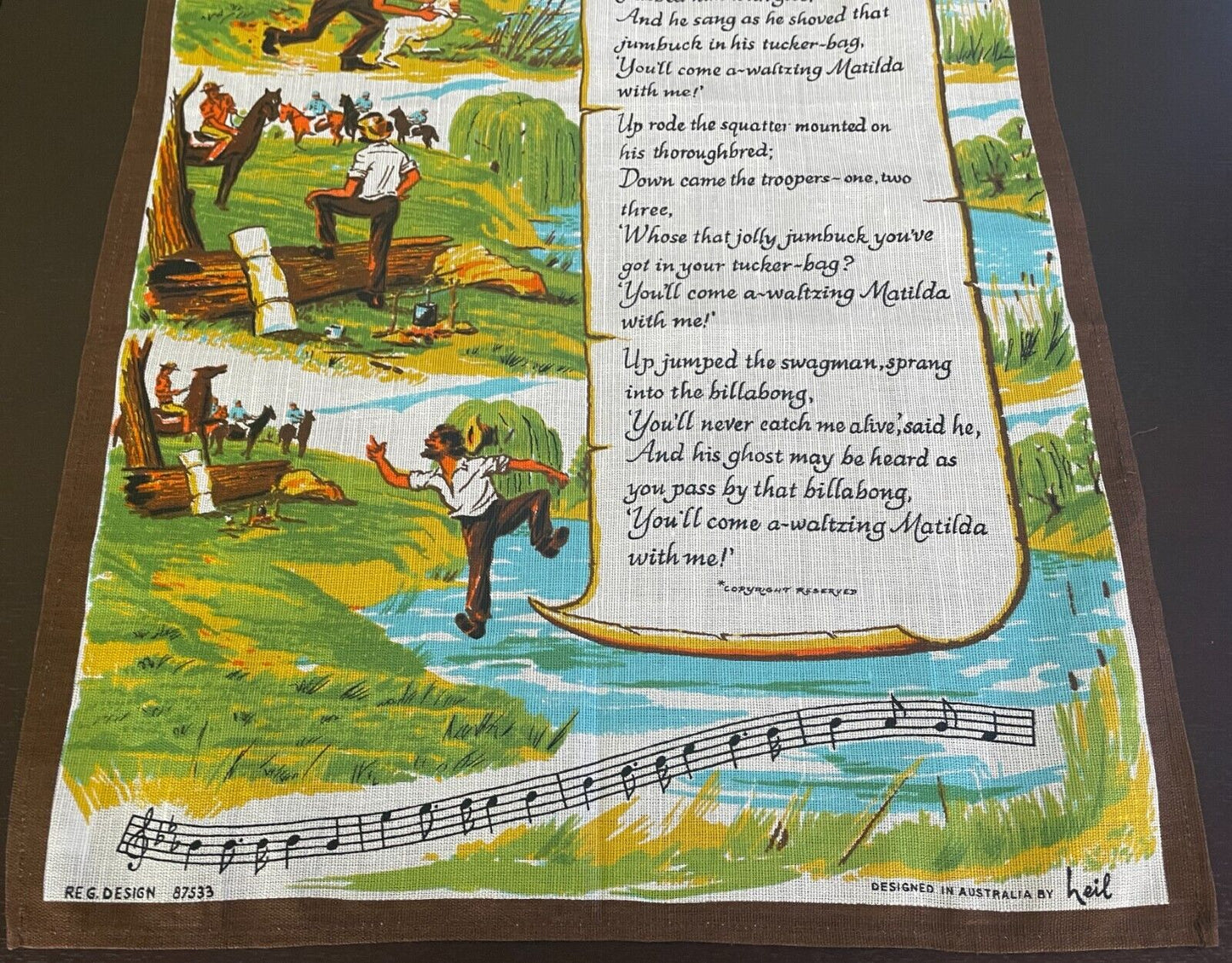 Tea Towel "Winton QLD " Waltzing Matilda Lyrics Linen Cotton Souvenir Neil lLeil