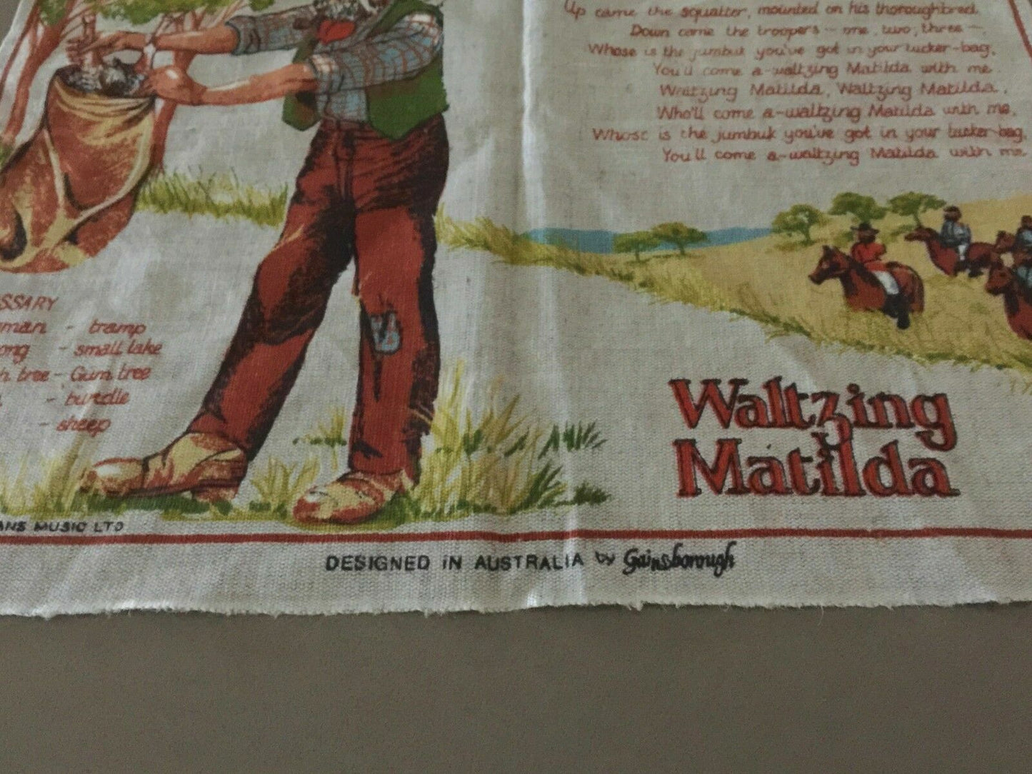 Vintage Linen Tea Towel CABOONBAH HOMESTEAD Waltzing Matilda Lyrics Souvenir