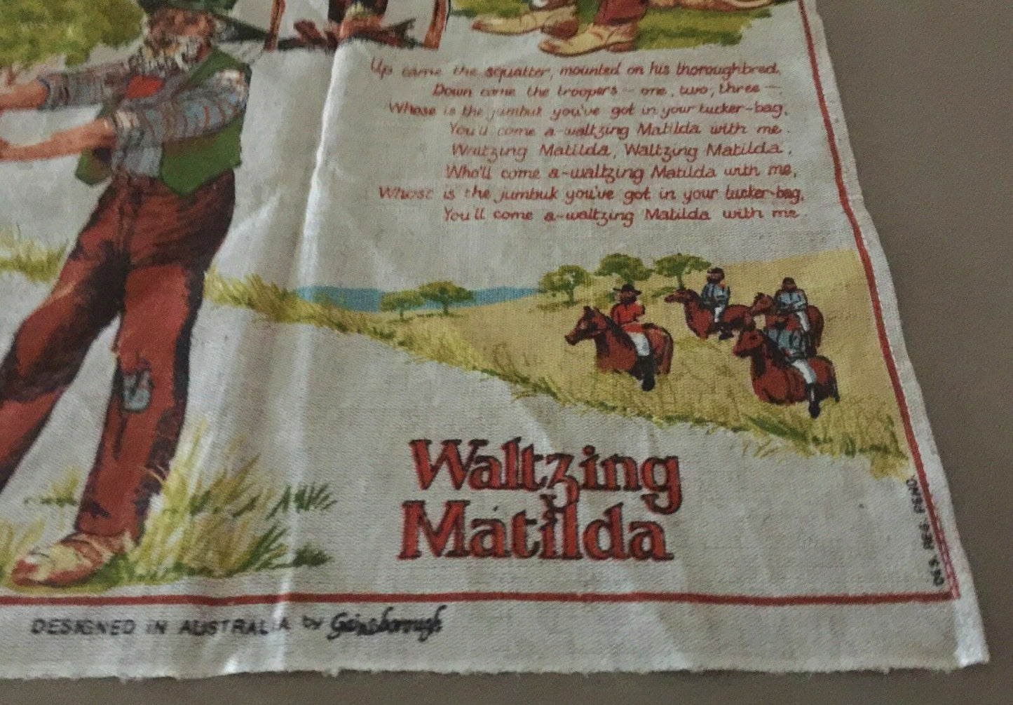 Vintage Linen Tea Towel CABOONBAH HOMESTEAD Waltzing Matilda Lyrics Souvenir