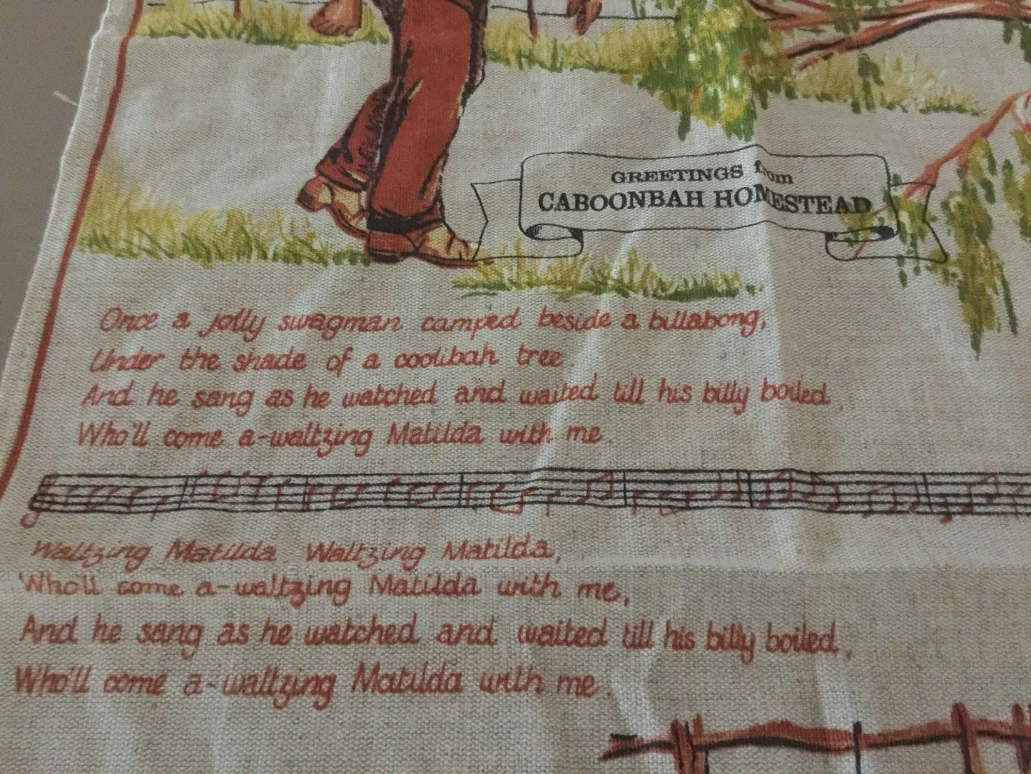 Vintage Linen Tea Towel CABOONBAH HOMESTEAD Waltzing Matilda Lyrics Souvenir