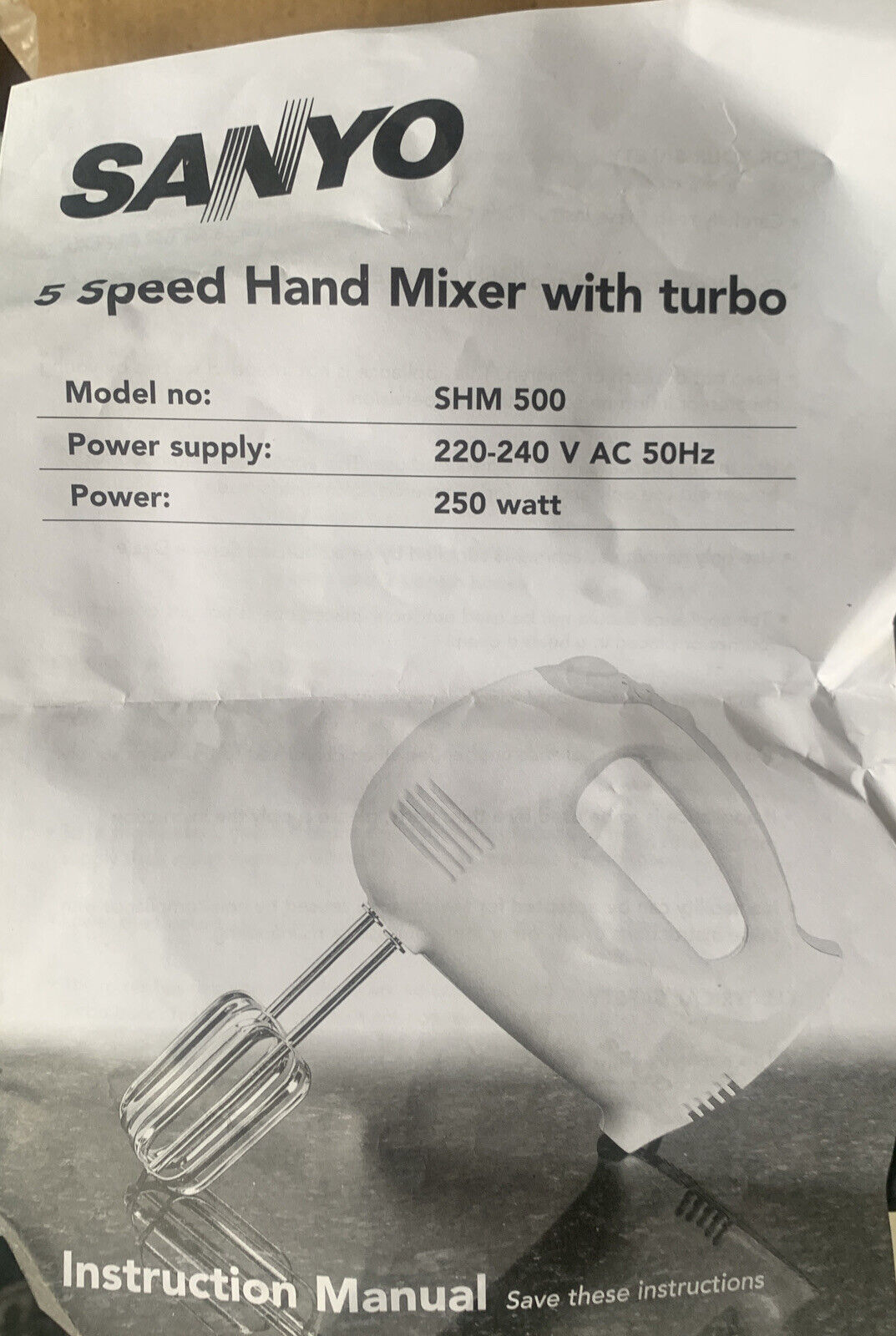 Sanyo Hand Mixer Turbo Boost 5 Speed StandUp Base Manual Box Used Once Condition