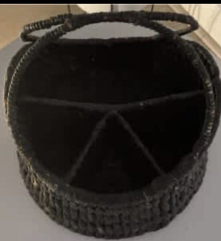 Vintage 22cm Cutlery Basket Handwoven Black Brown Hyacinth 4 Sections A153