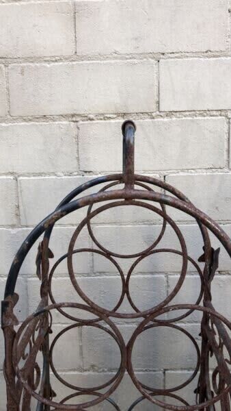 WINE RACK 1980's Black Wrought Iron 9 bottles WineRack Handle Floor Bench MobIle