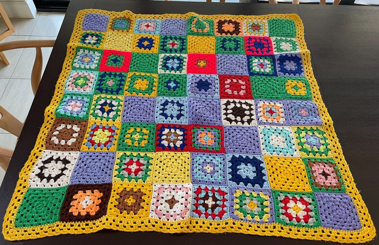 Granny 64 Square Crochet Knit Blanket Colourful Handmade Afghan Throw 101 x 99cm