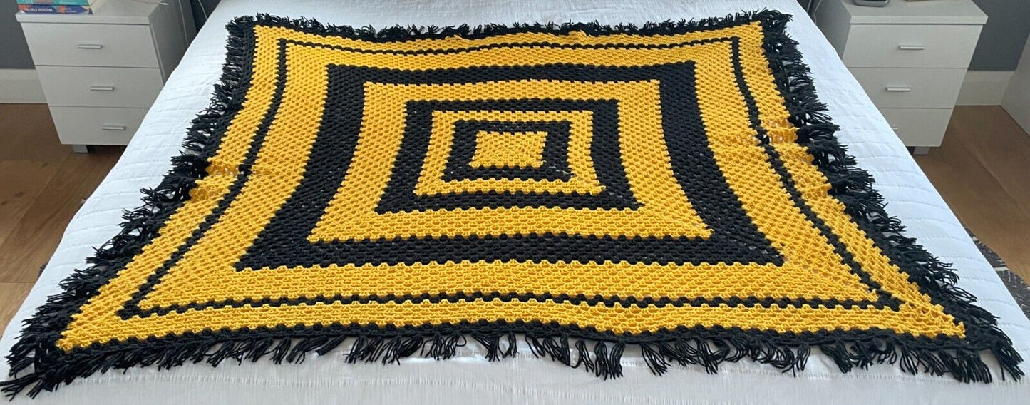 Granny Crochet Knit Blanket 189 x 184cm Black & Yellow Hand Made Fringe Square