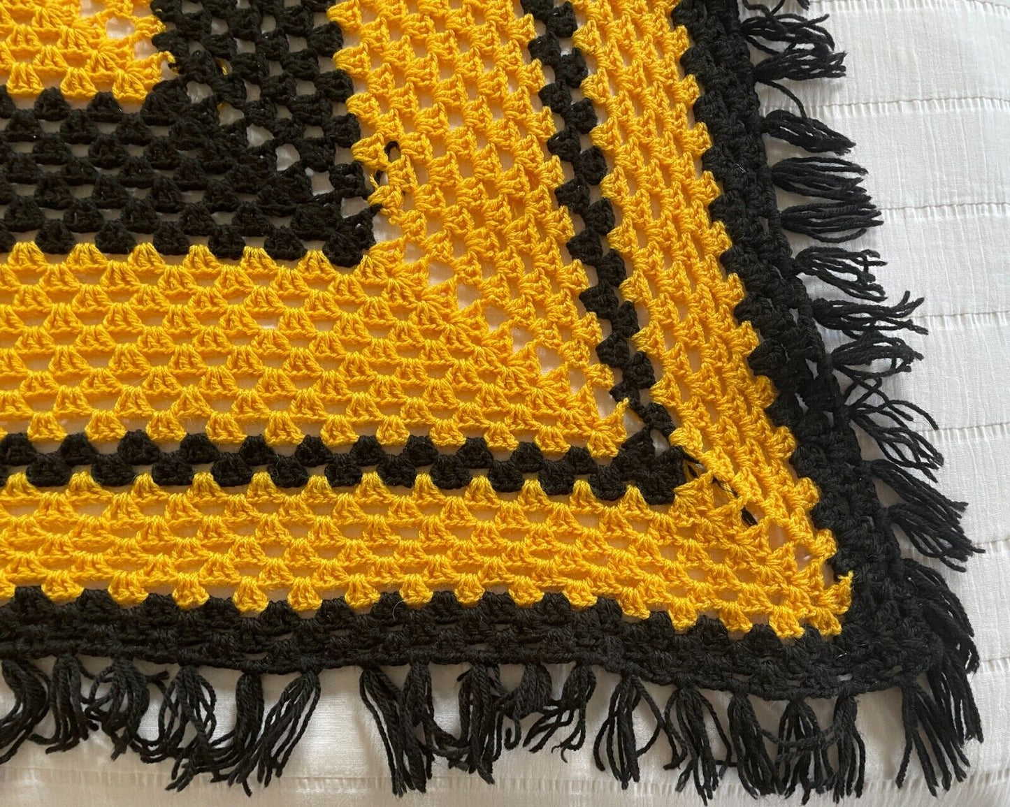 Granny Crochet Knit Blanket 189 x 184cm Black & Yellow Hand Made Fringe Square