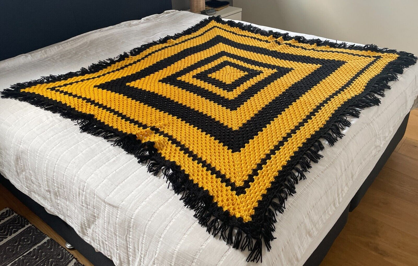 Granny Crochet Knit Blanket 189 x 184cm Black & Yellow Hand Made Fringe Square