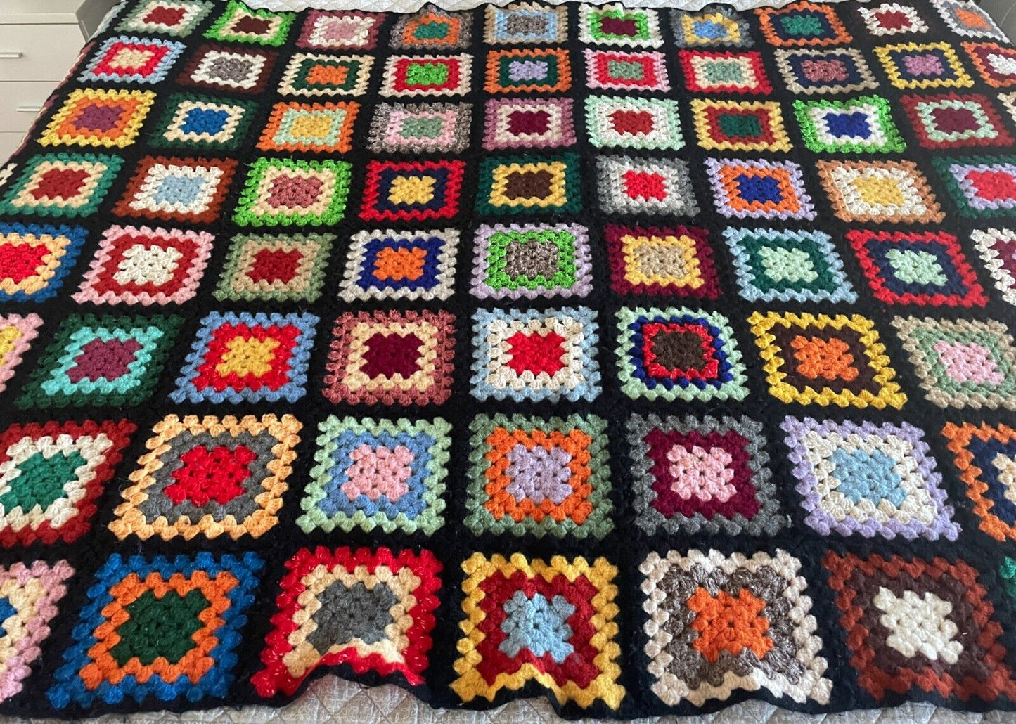 CROCHET BLANKET Granny 96 Squares Colourful Afghan Knit Bed Throw 223 x 148cm