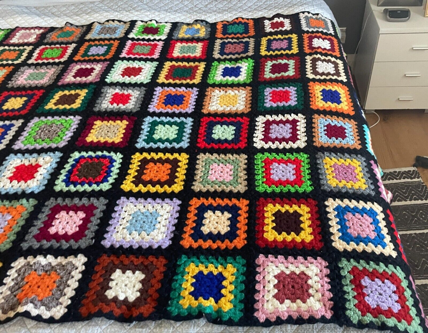 CROCHET BLANKET Granny 96 Squares Colourful Afghan Knit Bed Throw 223 x 148cm