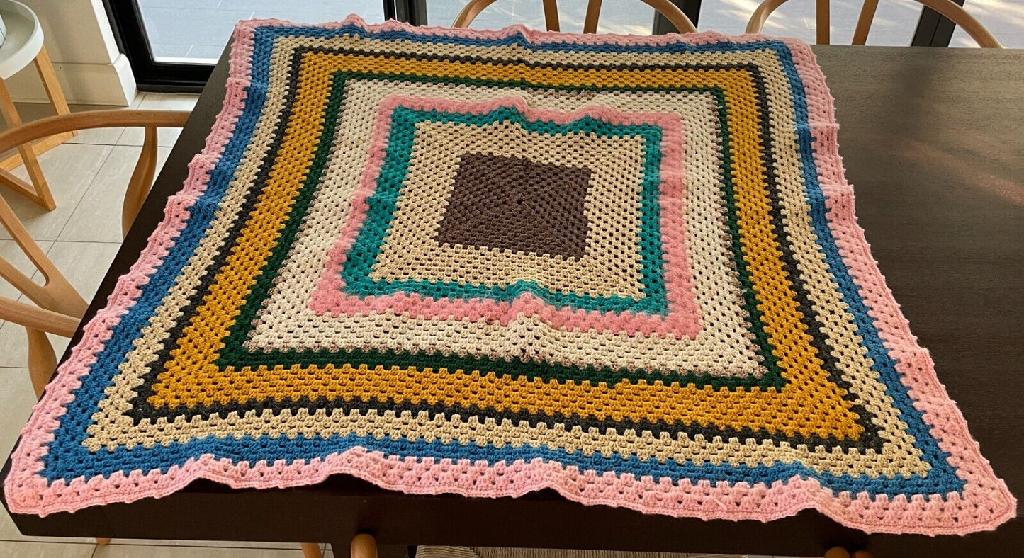 Granny Crochet Knit Blanket Handmade Colourful 119cm Sq Rug Afghan Throw