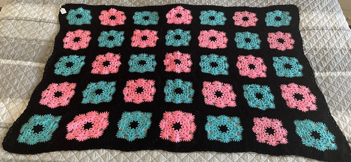Handmade Granny Square Blanket Pink & Blue Knit Lap Rug Black Trim 129.5 x 87cm