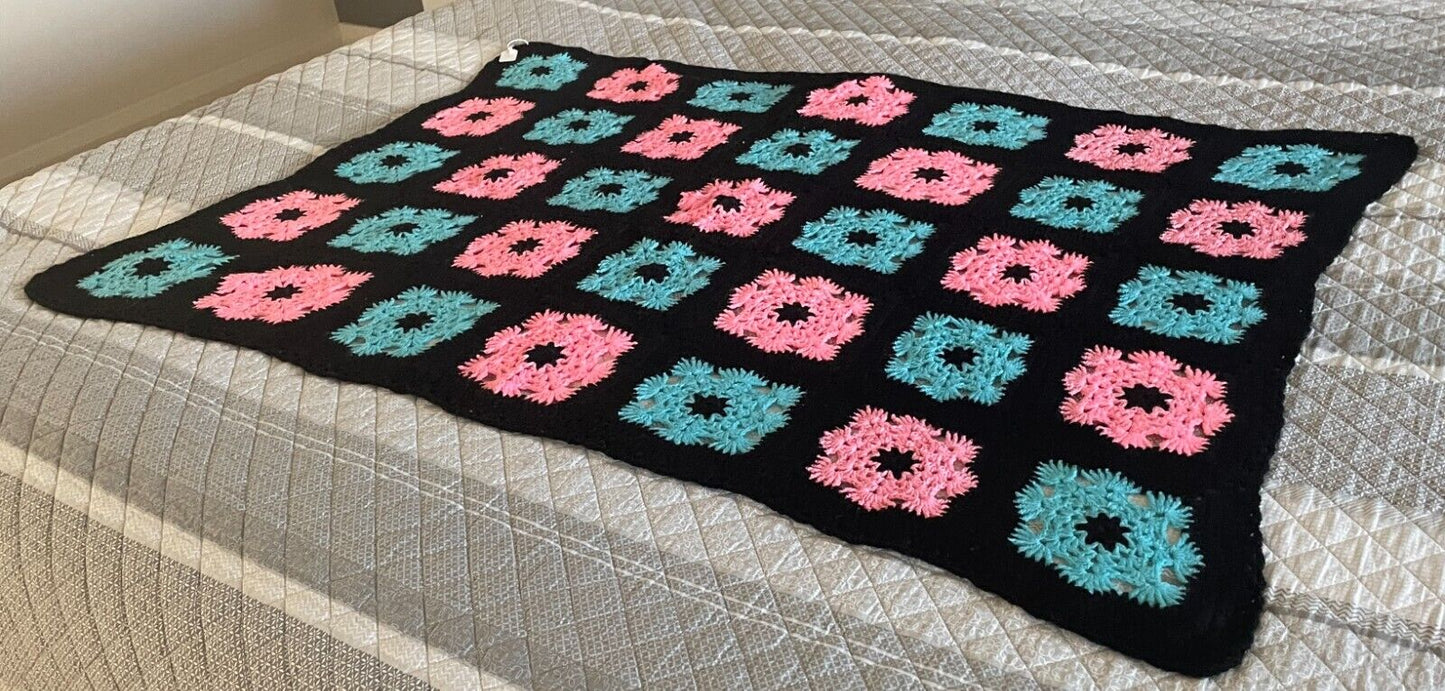 Handmade Granny Square Blanket Pink & Blue Knit Lap Rug Black Trim 129.5 x 87cm