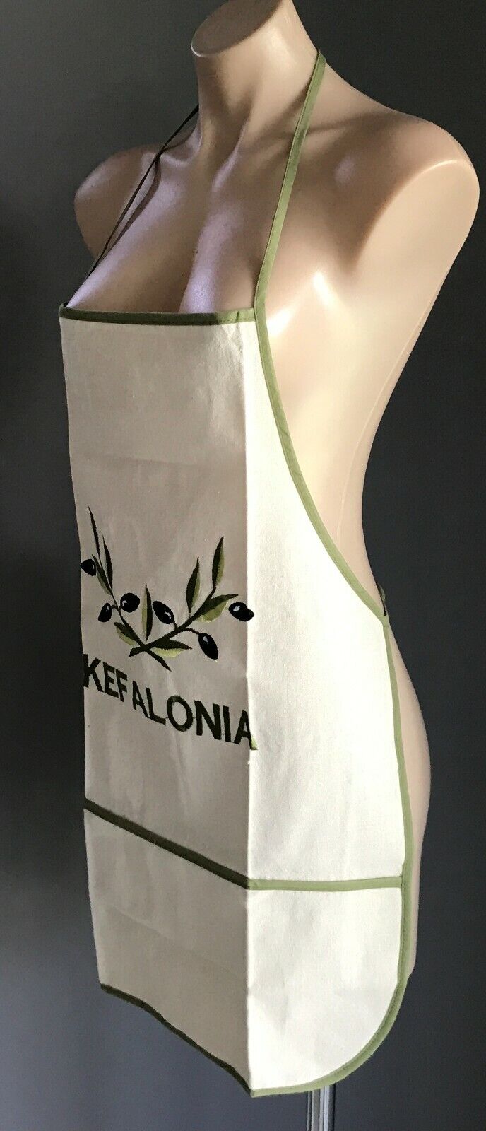 KEFALONIA Kitchen Apron Bib Greek Cotton Beige Khaki Black Olives NEW