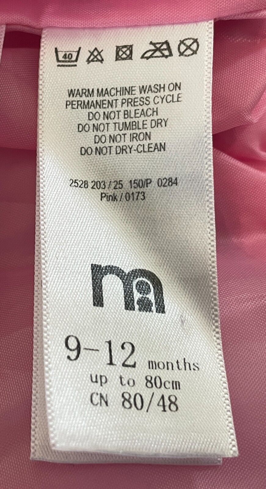 Baby Girl MOTHERCARE Puffer Vest Sleeveless Pink Thick and Warm Size 9 12 Months