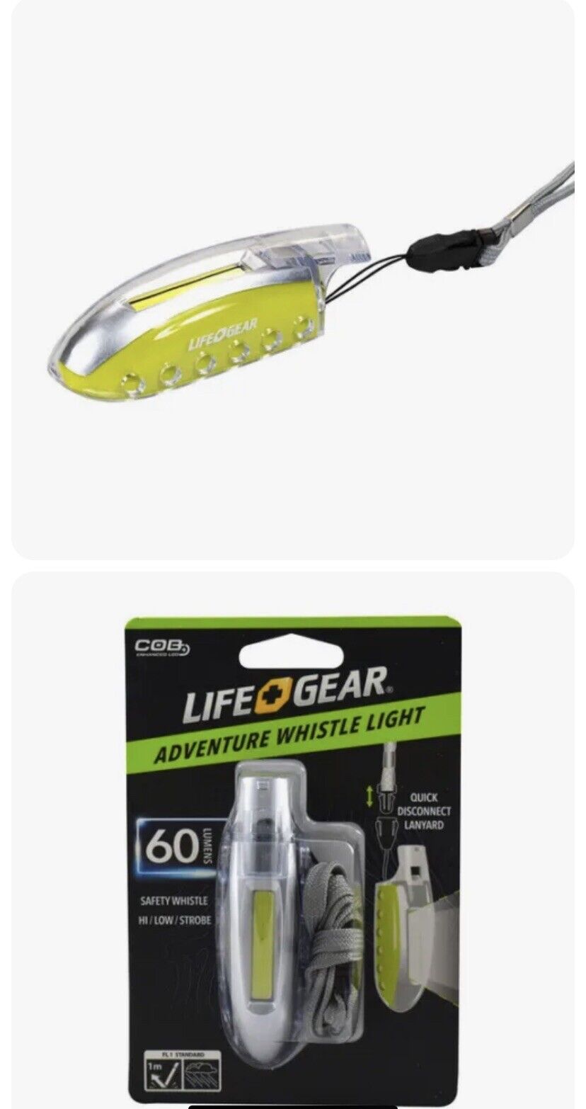 LIFE GEAR LG3945 Adventure Whistle Light 60 Lumens Grey Neon Strobe +Battery NEW